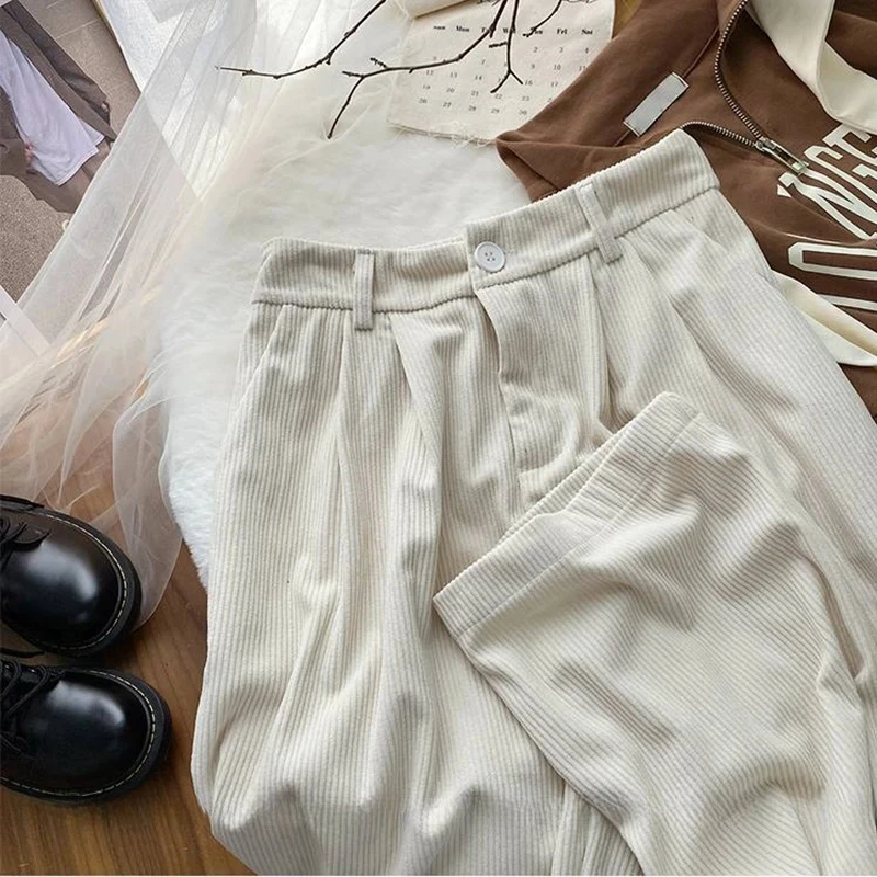 Vintage Corduroy Women Pants High Waist Coffee Wide Leg Pants Fall Casual Korean Office Ladies Trousers New