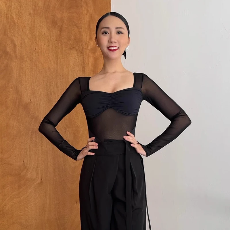 

Ballroom Dance Costume Womens Square Collar Long Sleeves Bodysuit Adult Waltz Performance Practice Tops Mesh Black White XH2921