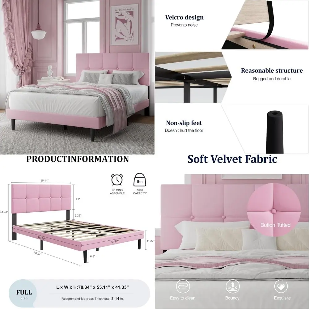 

Durable Full Size Bed Frame with Upholstered Headboard and Solid Wood Slats for Quiet Support