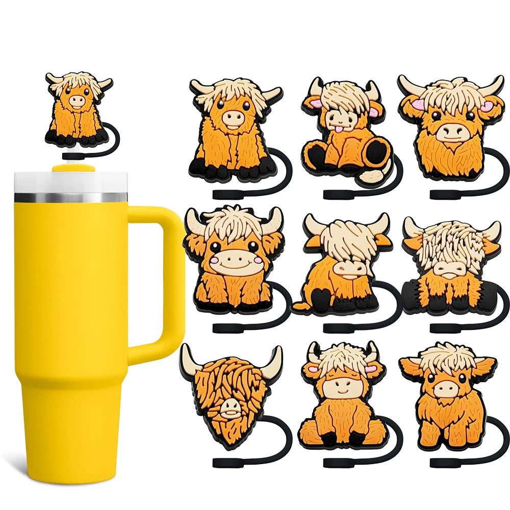 Scottish Cattle Straw Cover Cap 8-10MM Silicone Eco-friendly Straw Plug Splash Proof Drinking Cup Charms Pendent Party Gift