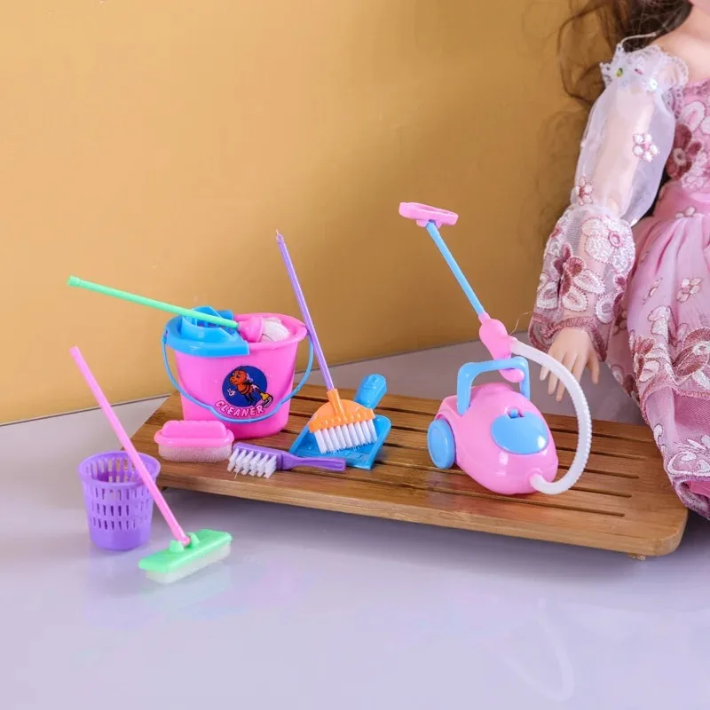 9-delige mini-reinigingsspeelgoedset - poppenhuisbezem, dweil- en emmeraccessoires voor kinderen, poppenmeubilair huishoudelijk spelen