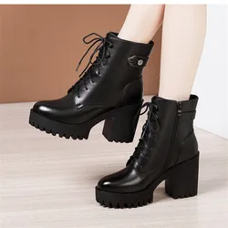 Brand Women's Ankle Boots Genuine Leather Combat Boots Women Shoes Platform Black Fashion Autumn Winter Motorcycle Boots Ladies