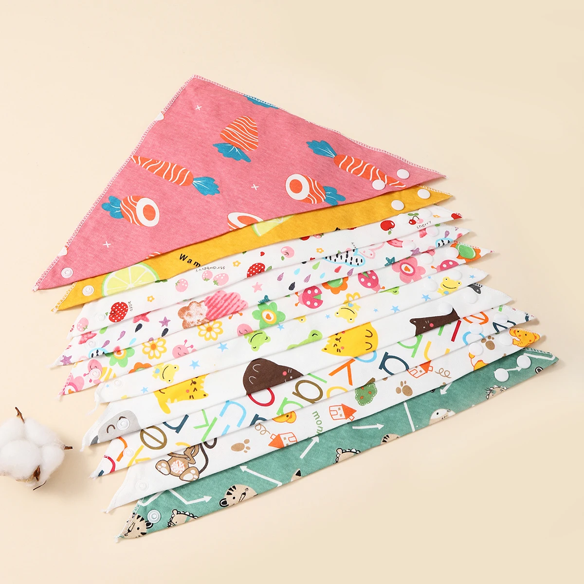 아기 턱받이 삼각형 이중 레이어 코튼 만화 동물 프린트 아기 반다나 턱받이, 트림 천 아기 물건, 무작위 5 개