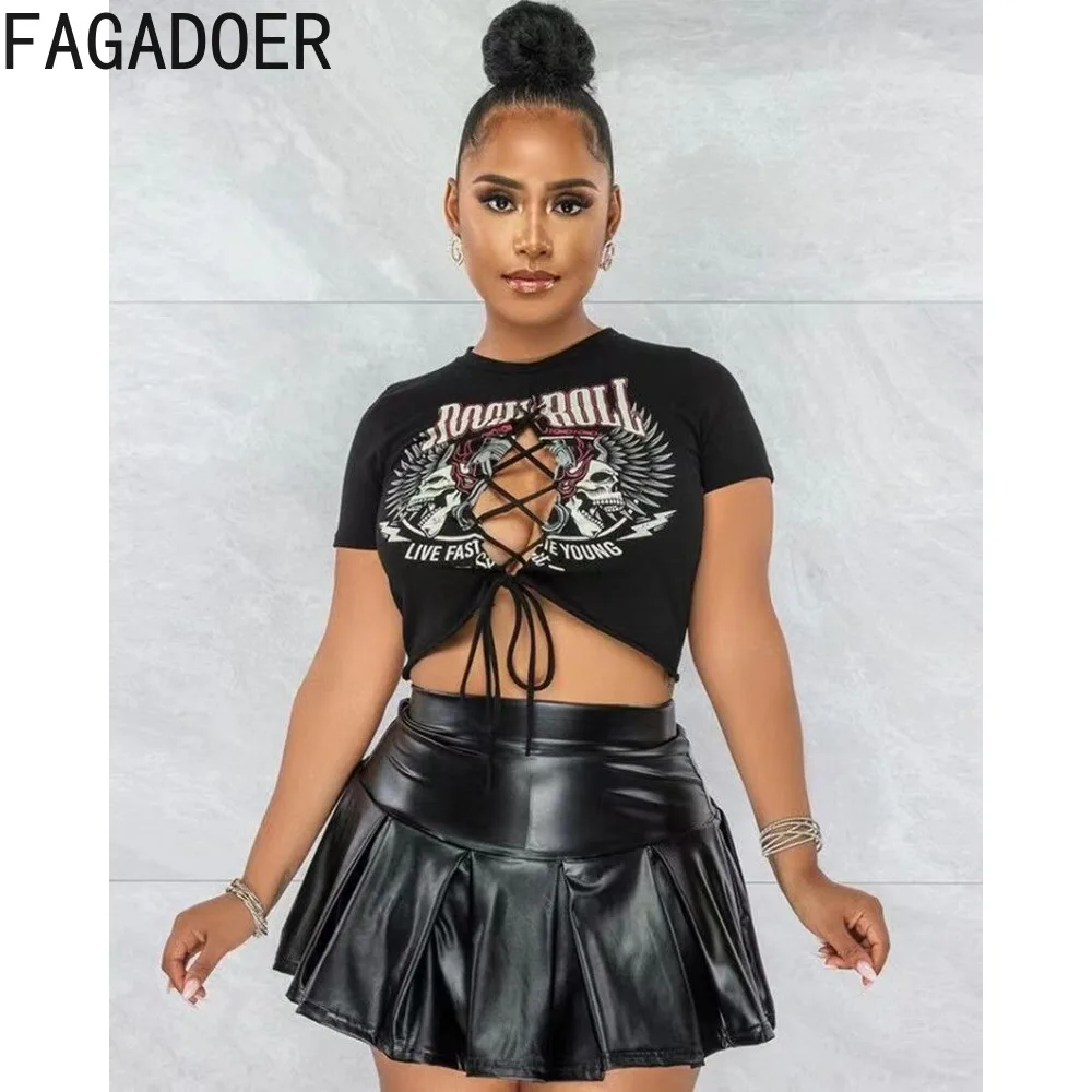 FAGADOER-Conjunto de dos piezas con estampado para mujer, Top corto de manga corta con cuello redondo y Falda plisada de PU, 2023