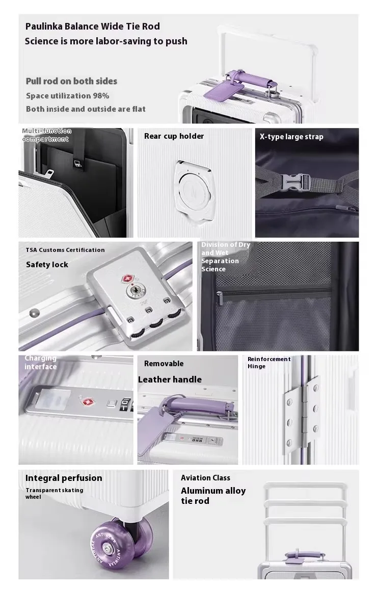 Gepäck mit Vorderöffnung, hochwertiger PC-Koffer mit Aluminiumrahmen, breitem Griff, Handgepäck für Reisen, mit Laptop-USB-Ladeanschluss – Detail 13