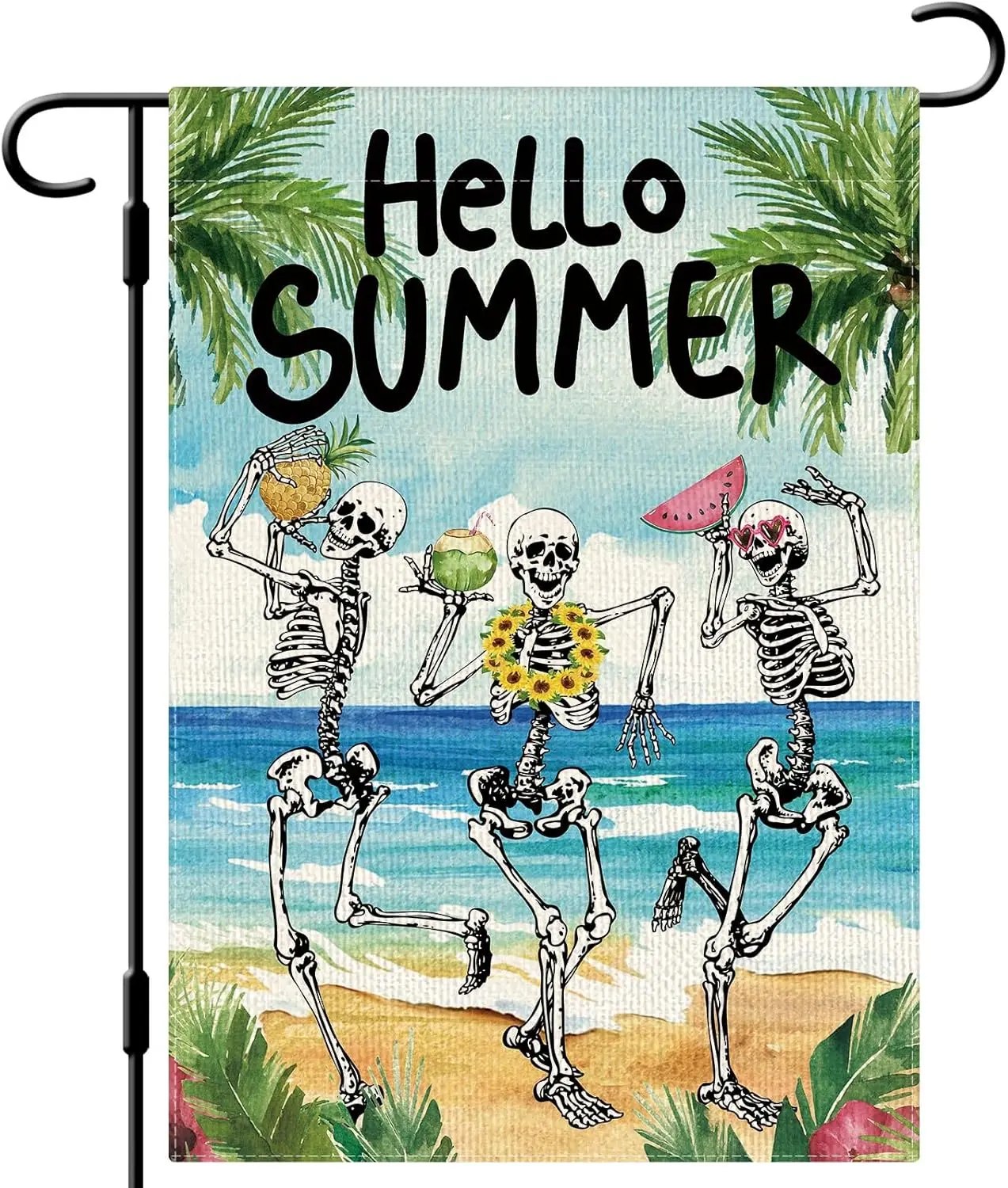 DLZDN Hello Summer Skeleton Garden Flag Funny Skull Garden Flag 12×18 Inch Double Sided Vertical Burlap Summer Coastal Seasonal