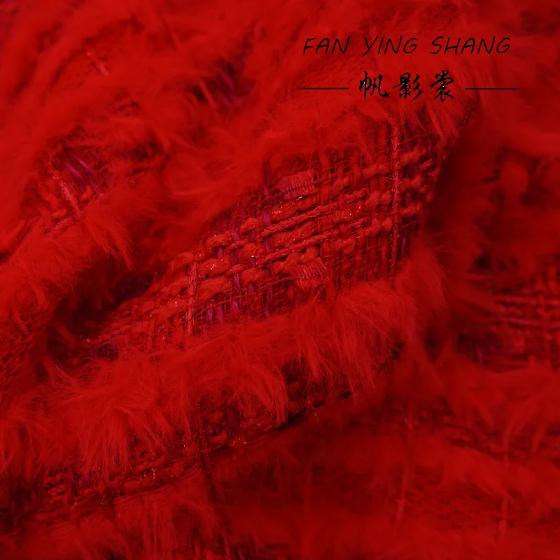 

Christmas Red Stripe Furry Noble Elegant Wool Tweed Fabric For Dress Coat Telas Costura Tissus Couture ткань Sewing Stoffe