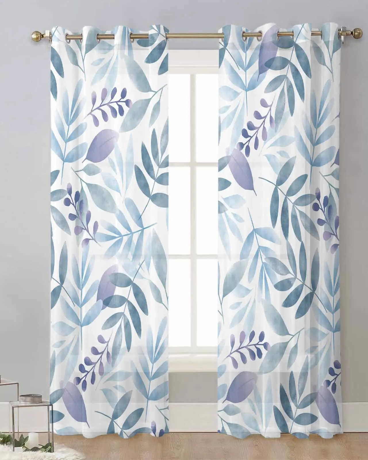 

Plant Purple Gray Blue Lake Leaves Watercolor Rural Voile Curtain Window Treatment Drapes for Living Room Tulle Sheer Curtains