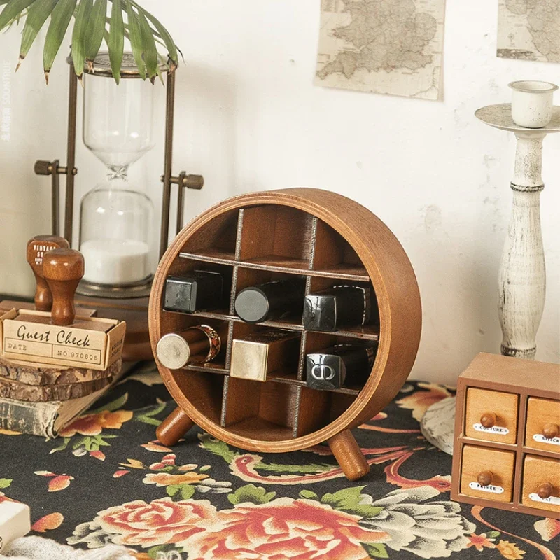 

Solid Wood Dustproof Organizer, Vintage Nail Polish Display Stand, Lipstick Storage Box，Retro Cosmetic Display