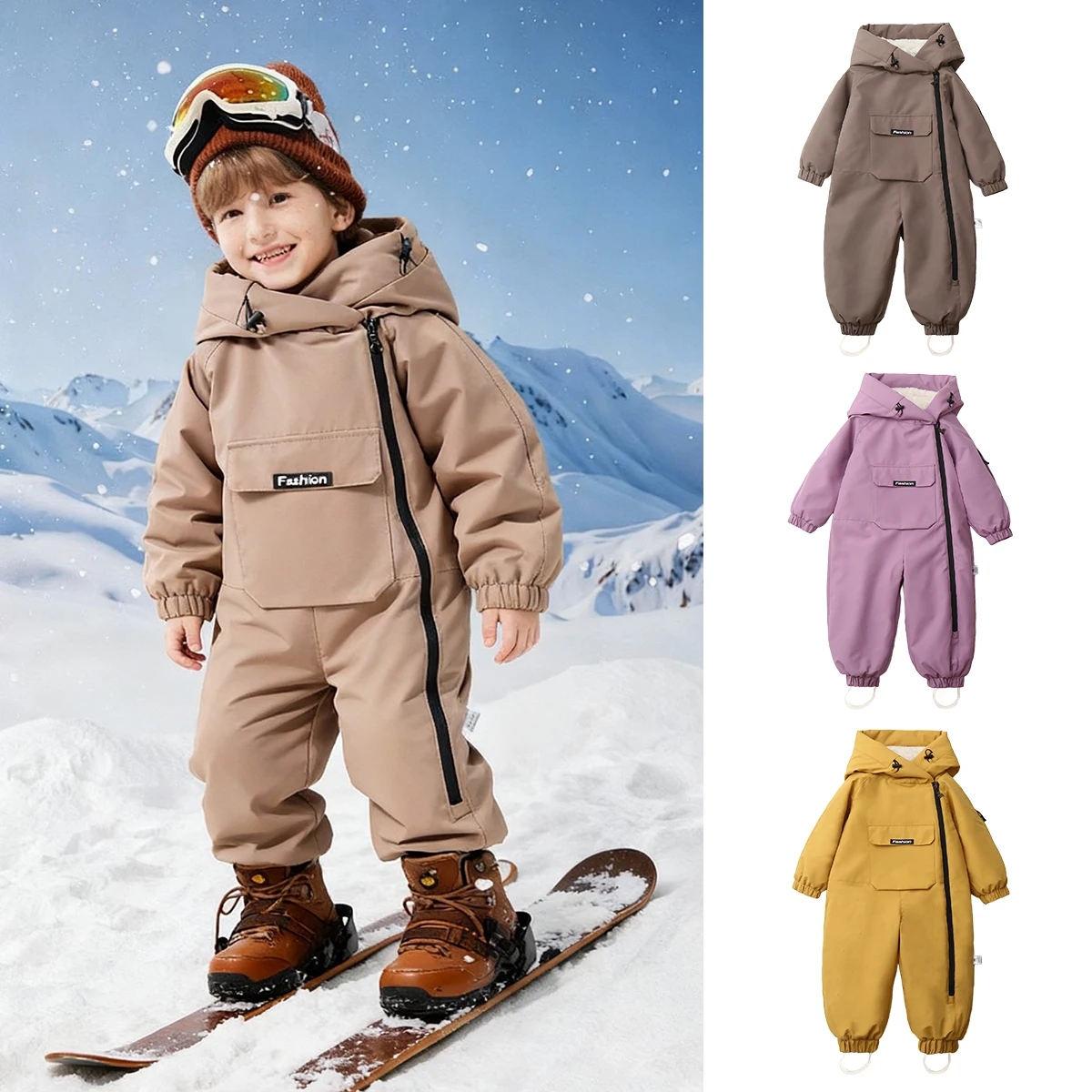 2026 New Kids Girls Boys One Piece Snowsuits Ski Suits High Collar Hood Sportswear Jacket Waterproof Fleece Lined Coat Toddlers