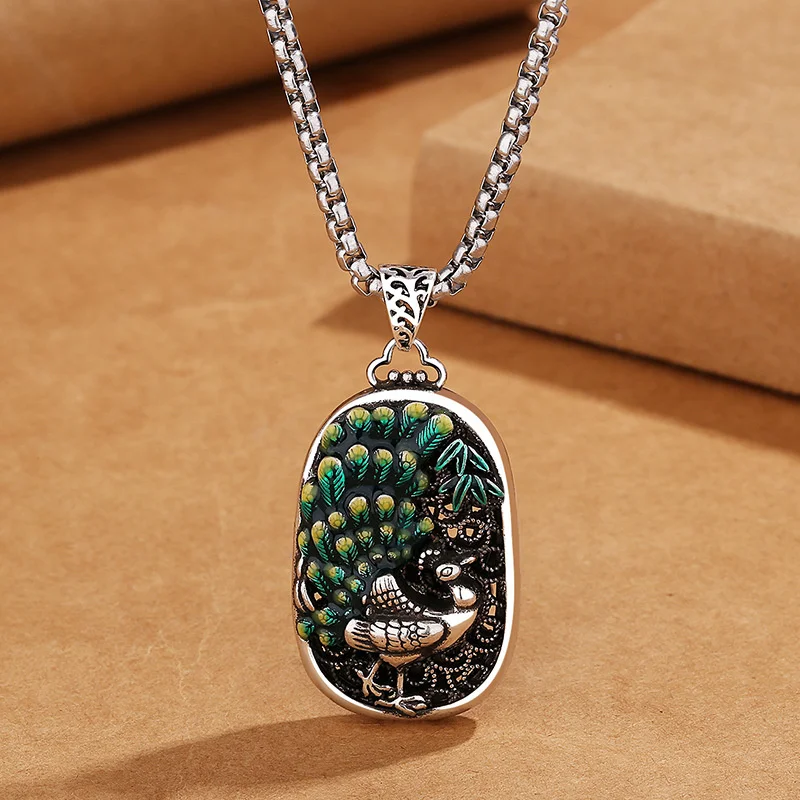 Retro Colored Enamel Peony Flower Peacock Pendant Necklace Female Jewelry Ethnic Style Necklace S925 Silver Chain Women Jewelry