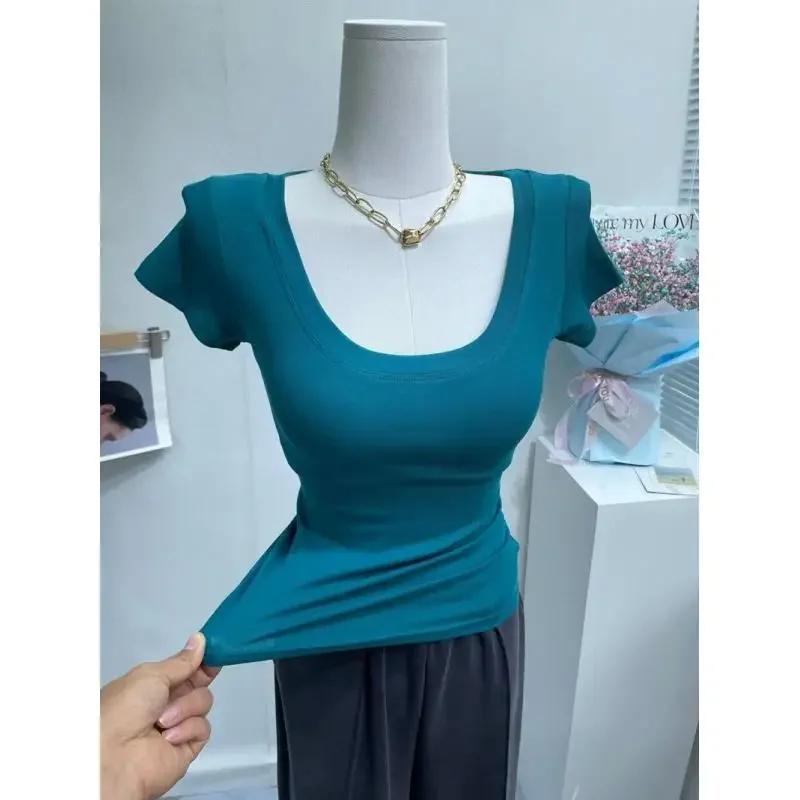 Wholesale Summer Women Tops U Neck Short Crop T Shirts Short Sleeve Solid Basic Slim T Shirt High Strecth Tight Female Thin Top