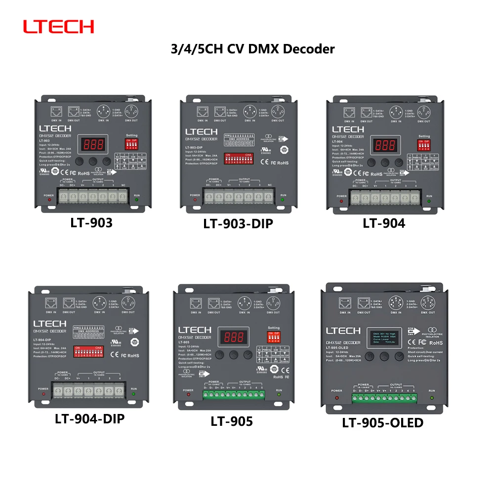 

LTECH LT-903 DC12-24V DMX/RDM 3/4/5CH 6A/CH CV 8/16bit DMX512 Digital Display XLR3pin RJ45 PWM Decoder For RGB/RGBW/RGBWY LED