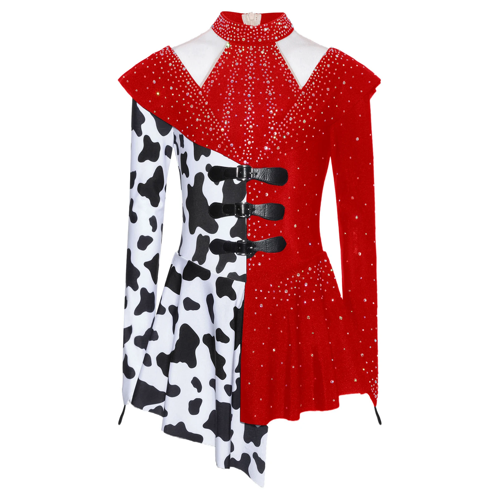 

Girl Cow Print Dress Rhinestone Halloween Cowboy Cosplay Costume Dress Mock Neck Mesh Long Sleeve Asymmetric Ballet Dancewear