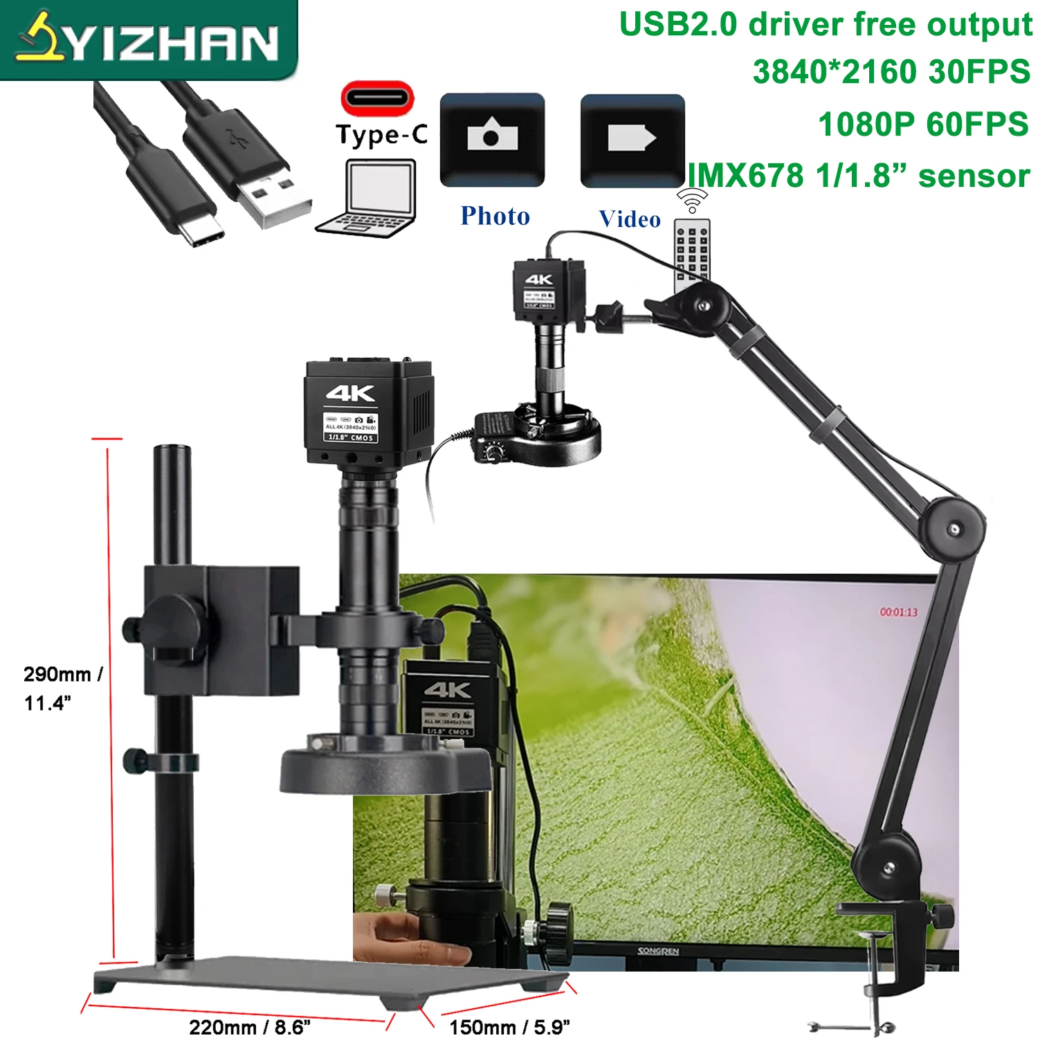 YIZHAN Microscope numérique 4K complet pour soudure, microscope vidéo HD 1080P 60FPS, capteur IMX678 IMX327, microscope électronique HDMI USB, zoom 150X 215X, logiciel, télécommande, support relevable/articulé