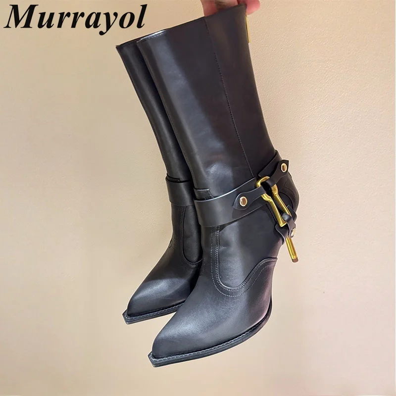 Short Boots Autumn Snakeskin Pattern Genuine Leather Metal Decor Zipper Design Botas Mujer Women Pointed Toe Mid Calf Booties