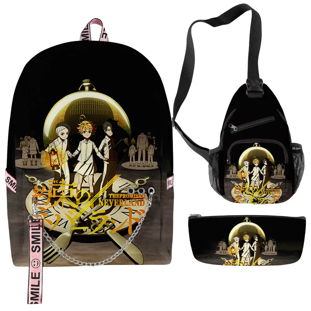 

Harajuku Novelty Anime The Promised Neverland 3D Print 3pcs/Set School Bags multifunction Travel Backpack Chest Bag Pencil Case