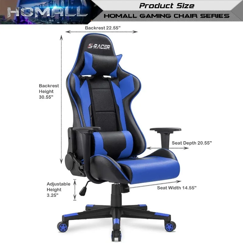 Homall Gaming Executive Ergonomic Adjustable Swivel Task Chair with Headrest and Lumbar Support (Blue)