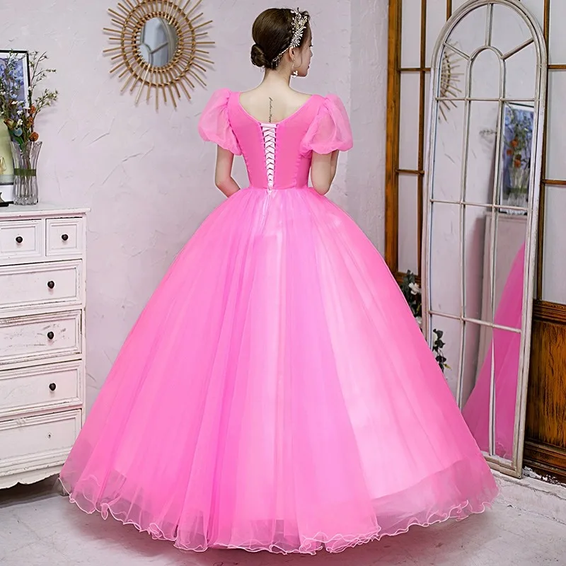 Lantejoulas Apliques Vestidos Quinceanera, Puff mangas curtas, Prom Party Gown, Vestes até o chão, rosa quente, 15