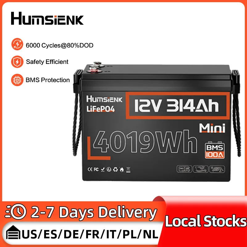 

Humsienk 12 В 314 Ач LiFePO4 литиевая батарея A + элементы 100 А BMS для автодома, яхты, кемпера, автономной сети/домашнего хранения, резервное питание