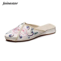Women's Ethnic Embroidered Slip-On Summer Slippers with Linen Insole Vintage Mules Ancient Style Elegant Dress Shoes for Ladies