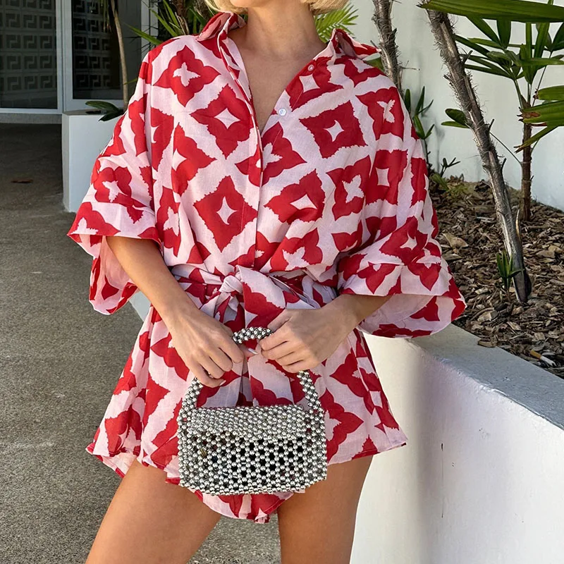 

Casual Loose Bat Sleeve Beach Rompers Summer New Button Lace Up Female Jumpsuits Women Fashion Red Printed Lapel Shirt Playsuit