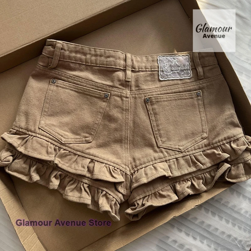 Verão novo shorts jeans feminino francês doce design sentido dupla camada renda ondulada auto-cultivo puro desejo calças quentes.