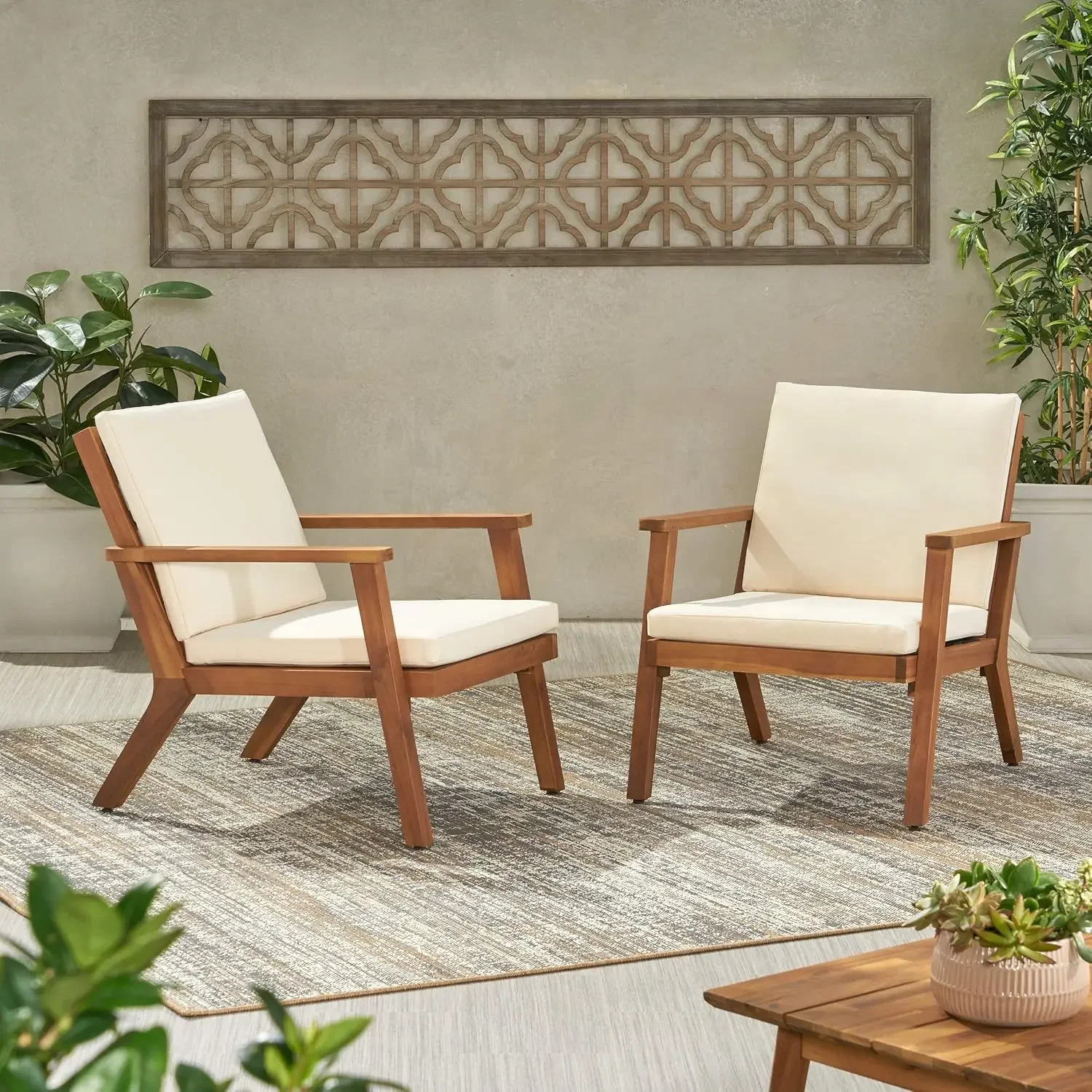 Carlos Outdoor Acacia Wood Club Chairs with Cushions (Set of 2), Brown Patina Finish, Cream