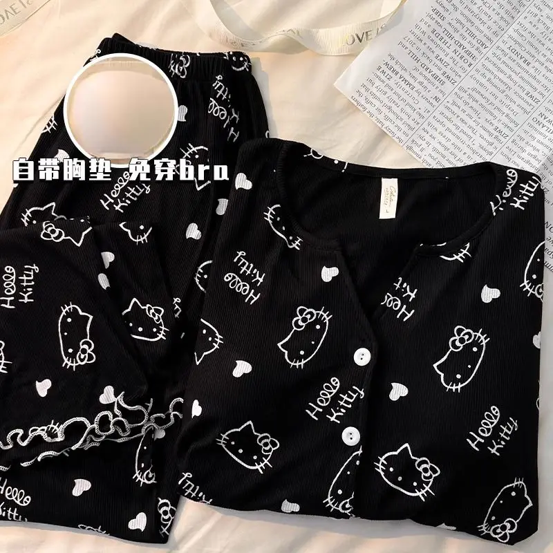 

Пижамы Sanrio, 2 шт., женские пижамы Hello Kitty с длинными рукавами, весна и осень, высококачественная одежда с подушечками на груди, встроенная домашняя одежда