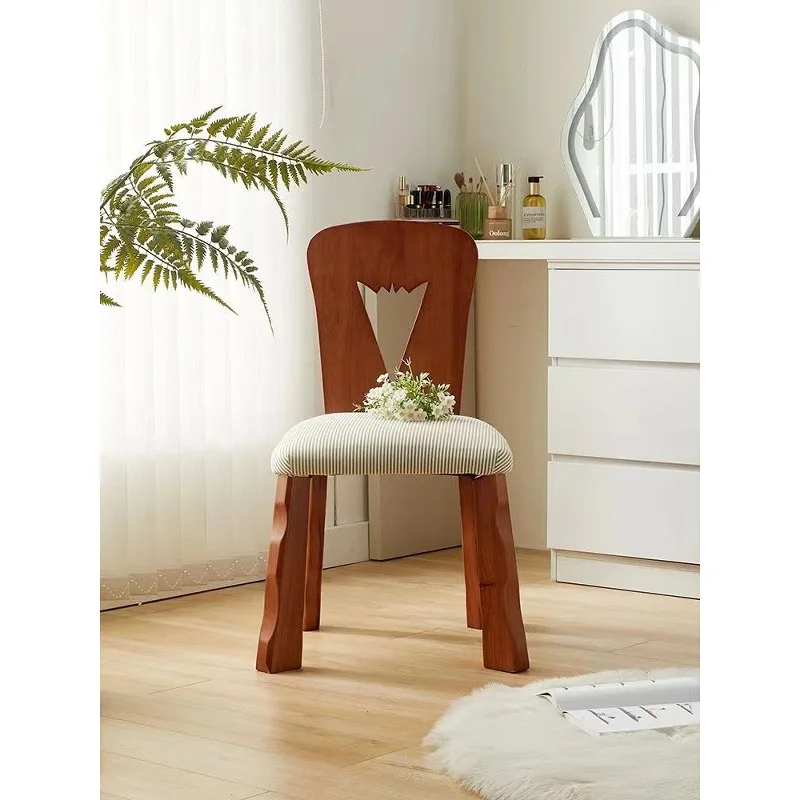 Medieval dining chair bedroom all solid wood backrest fabric soft bag casual Japanese simple bench home living room Nordic