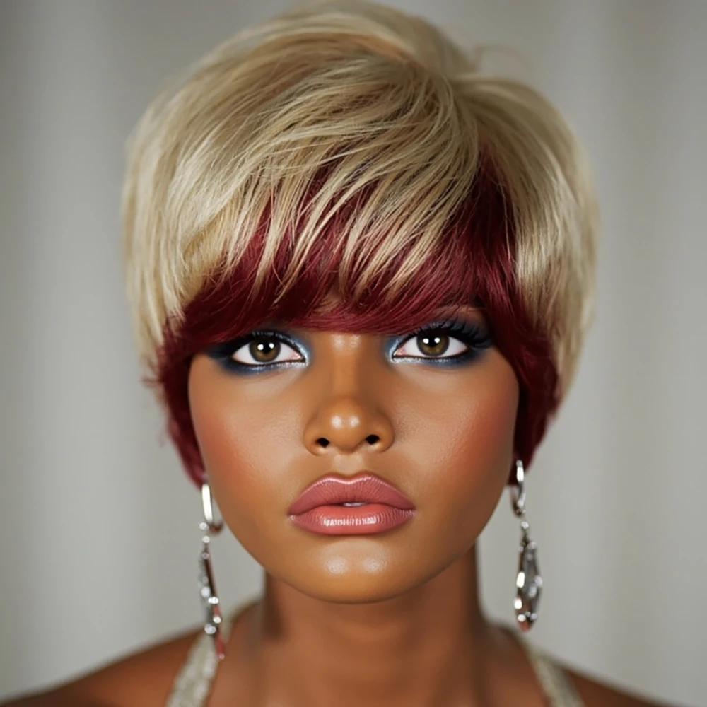 باروكات شعر بشري مفرود قصير ملون أحمر أشقر برازيلي شعر ريمي باروكة بطبقات مع غرة للنساء مصنوعة آليًا مسبقًا