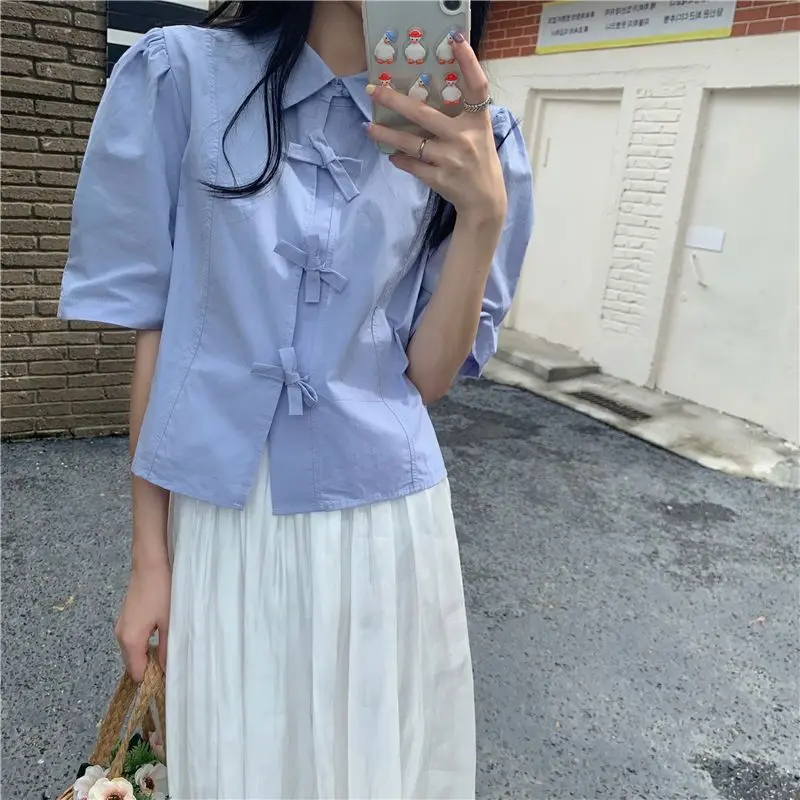 Shirts Women Sweet Summer Bow Solid Korean Style Y2k Crop Tops Fashion Ins Preppy Girl Puff Sleeve Hotsweet Casual Camisas Mujer