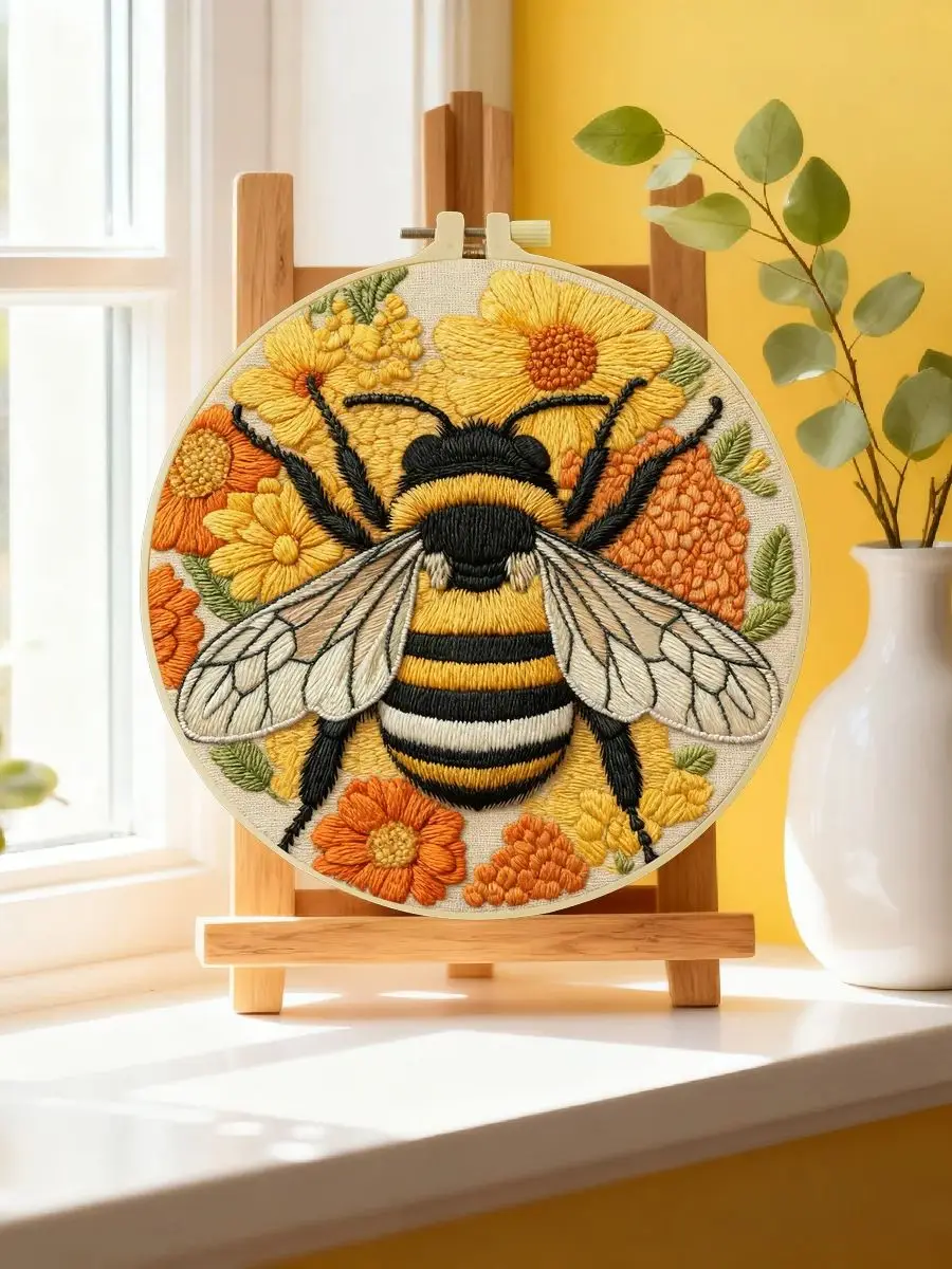 1 Stück 20X20CM/15X15CM 7,87/6,3 Zoll Bienen-Stickerei-Starter-Kit DIY-Kit DIY-Stickerei-Set Handarbeiten Nähkunst-Set für Anfänger – Detail 6