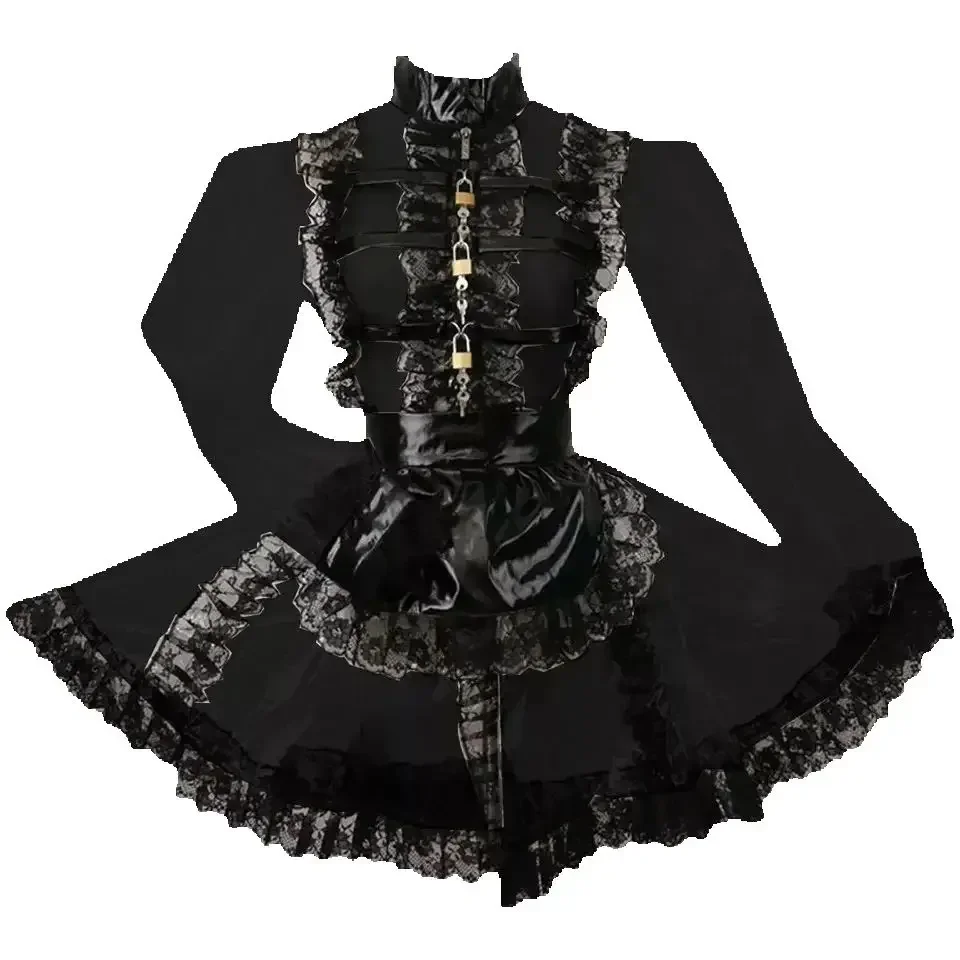 

Black Sissy Cosplay PVC Lockable High Collar Lace Dress Cute Transgender Person with Perspective Effect Maid Customized