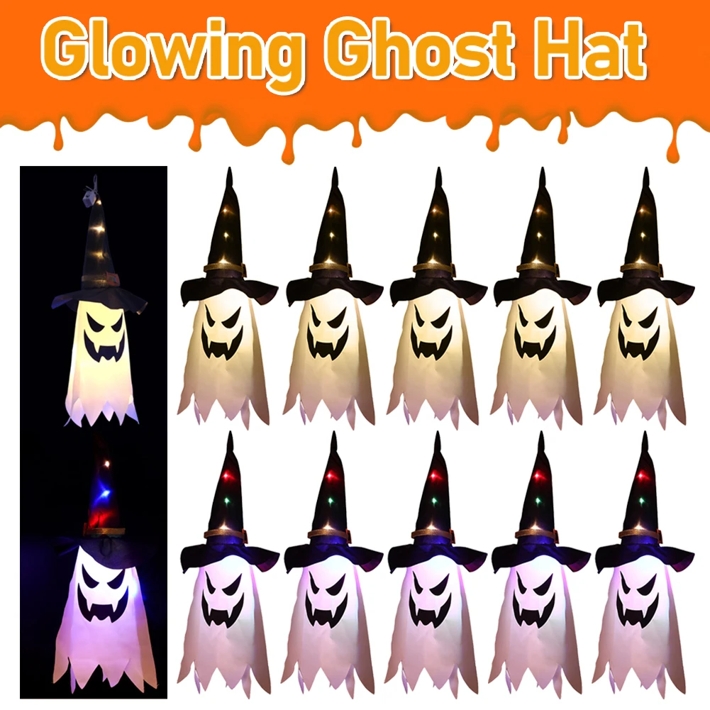 1-10PCS Horror Halloween Props Glowing Wizard Ghost Hat Lamp Halloween Decoration LED Flashing Light Hanging Ghost Home Bar Deco