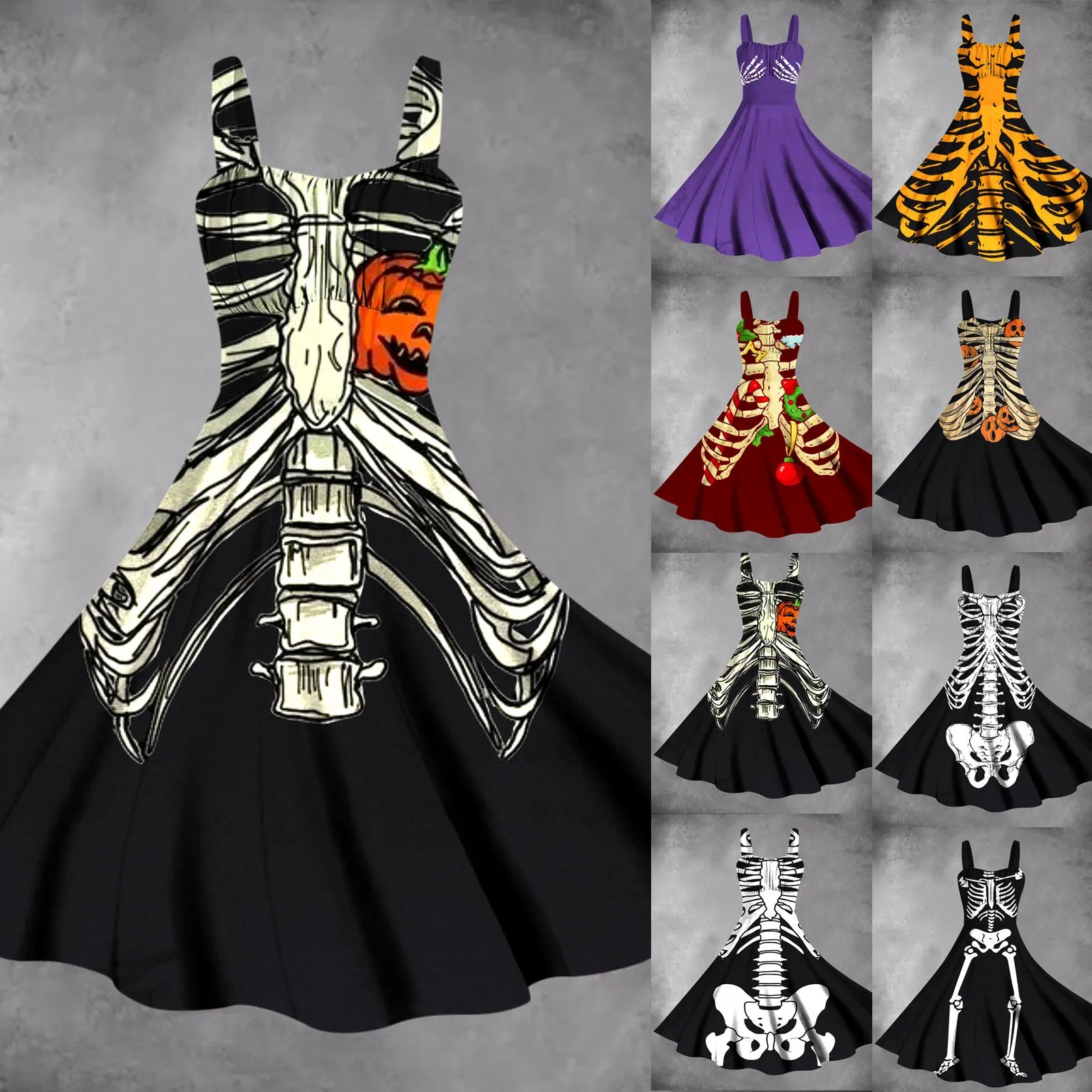 Halloween Costumes For Women Skull Print Flared Dress Sleeveless Tunic Cocktail Dress Vintage Party Dresses Masquerade Vestidos