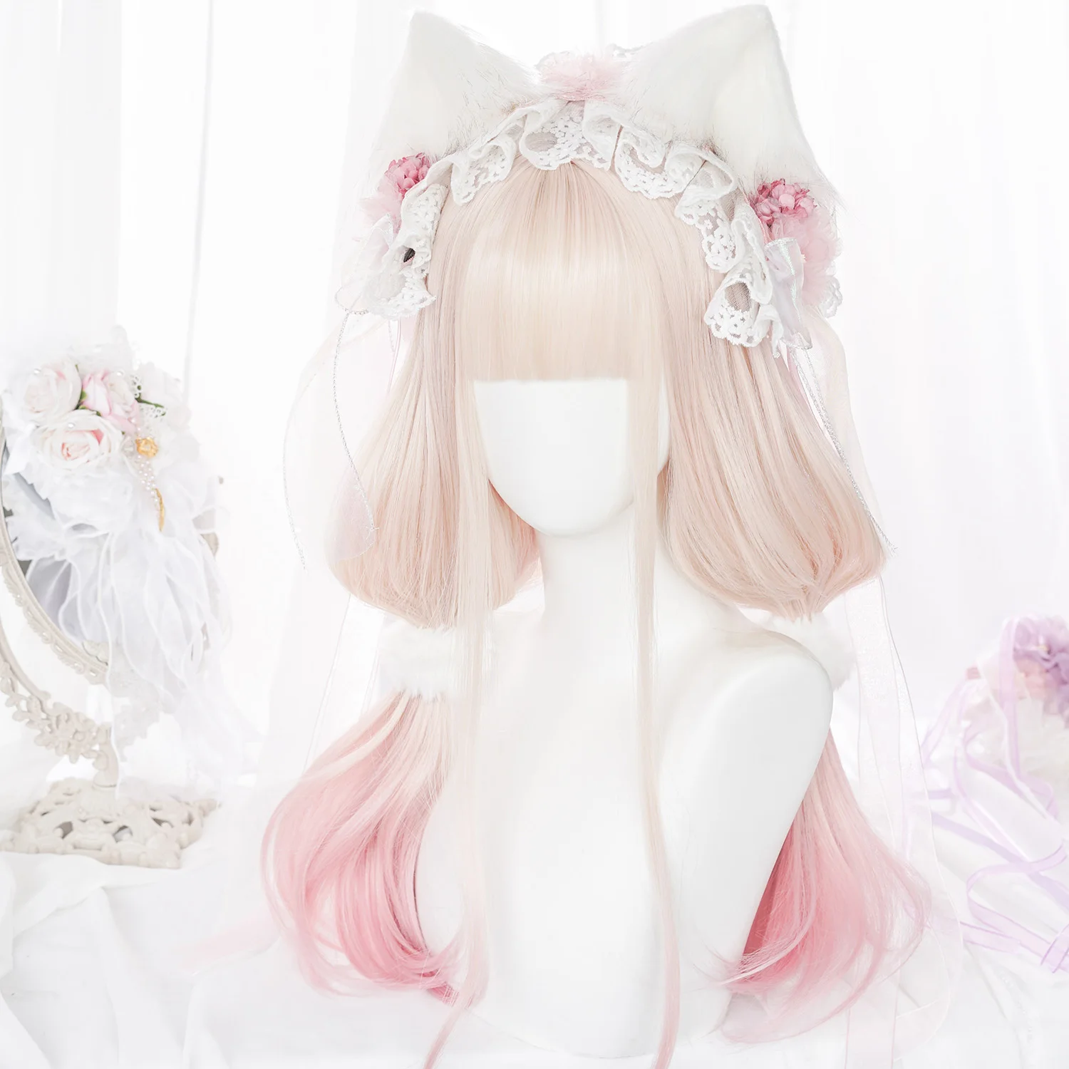 HANEROU Cos-Peluca de Lolita para mujer, pelo largo y liso sintético, color rubio y rosa, para fiesta, Cosplay