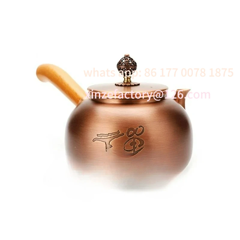 Manico laterale in rame puro personalizzabile, piccola pentola, teiera per sala da tè, incisione, legno retrò in rame addensato fatto a mano
