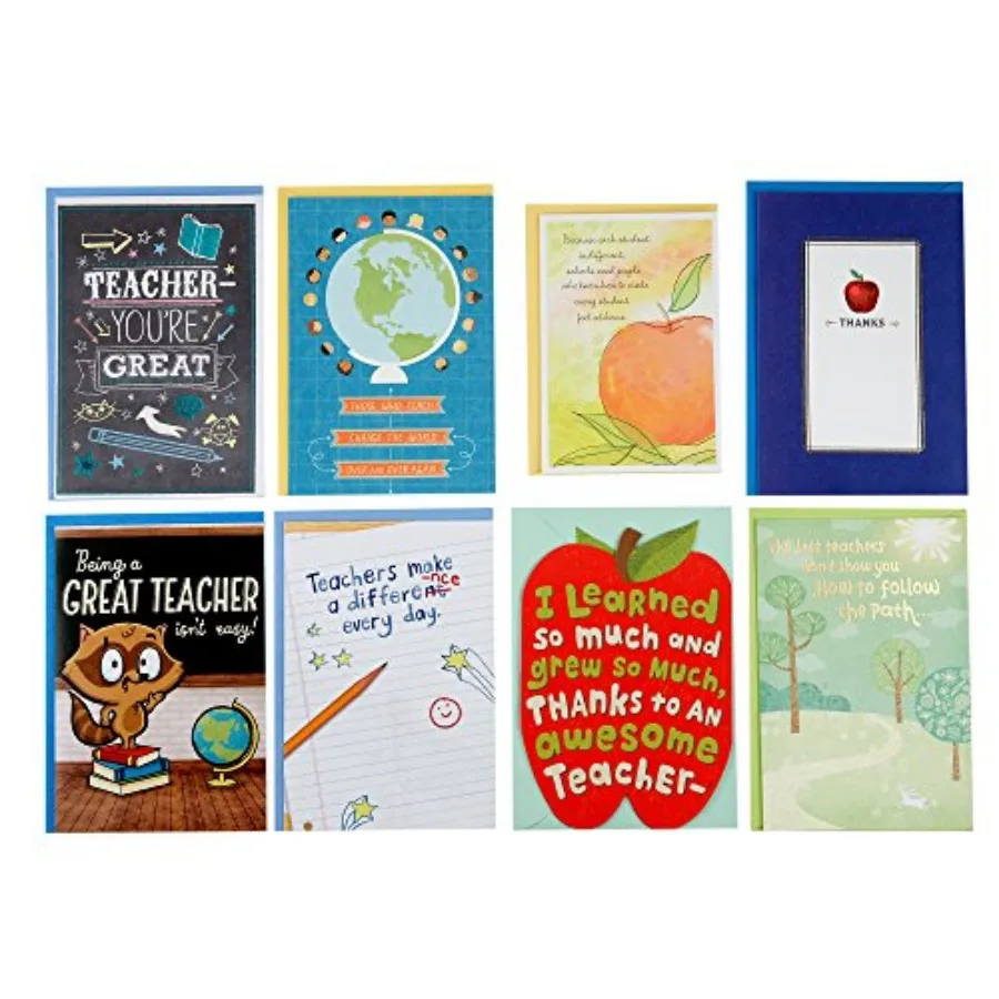 

Teacher Appreciation Card Assortment for Day Care, Preschool, Elementary School, Graduation or Back to School 8 Cards with Enve