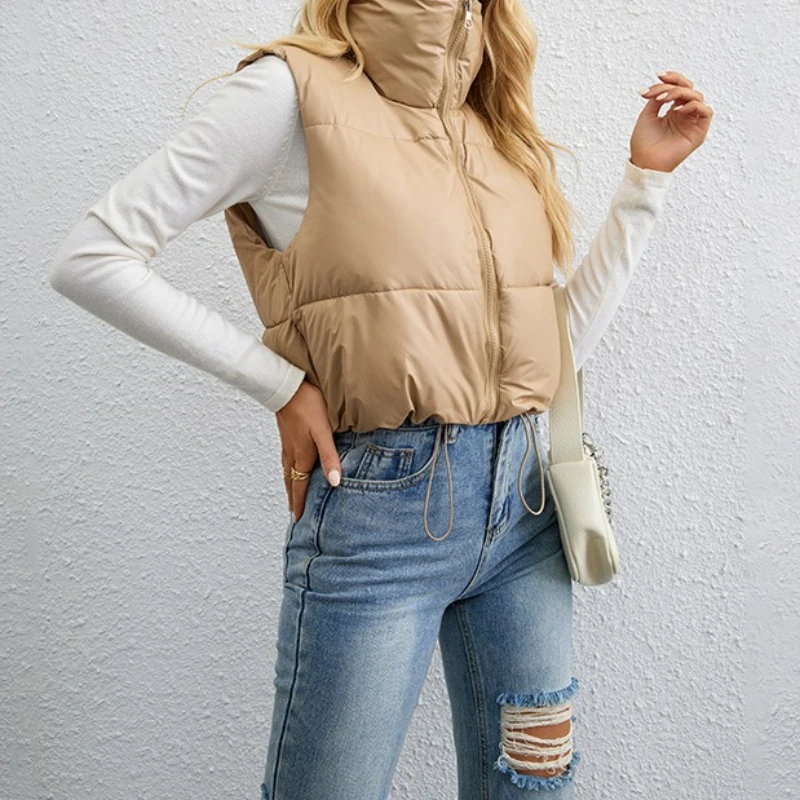 Autumn and Winter New Fashion Short Style Solid Color Down Cotton Slim Fit High Neck Loose Cotton Vest