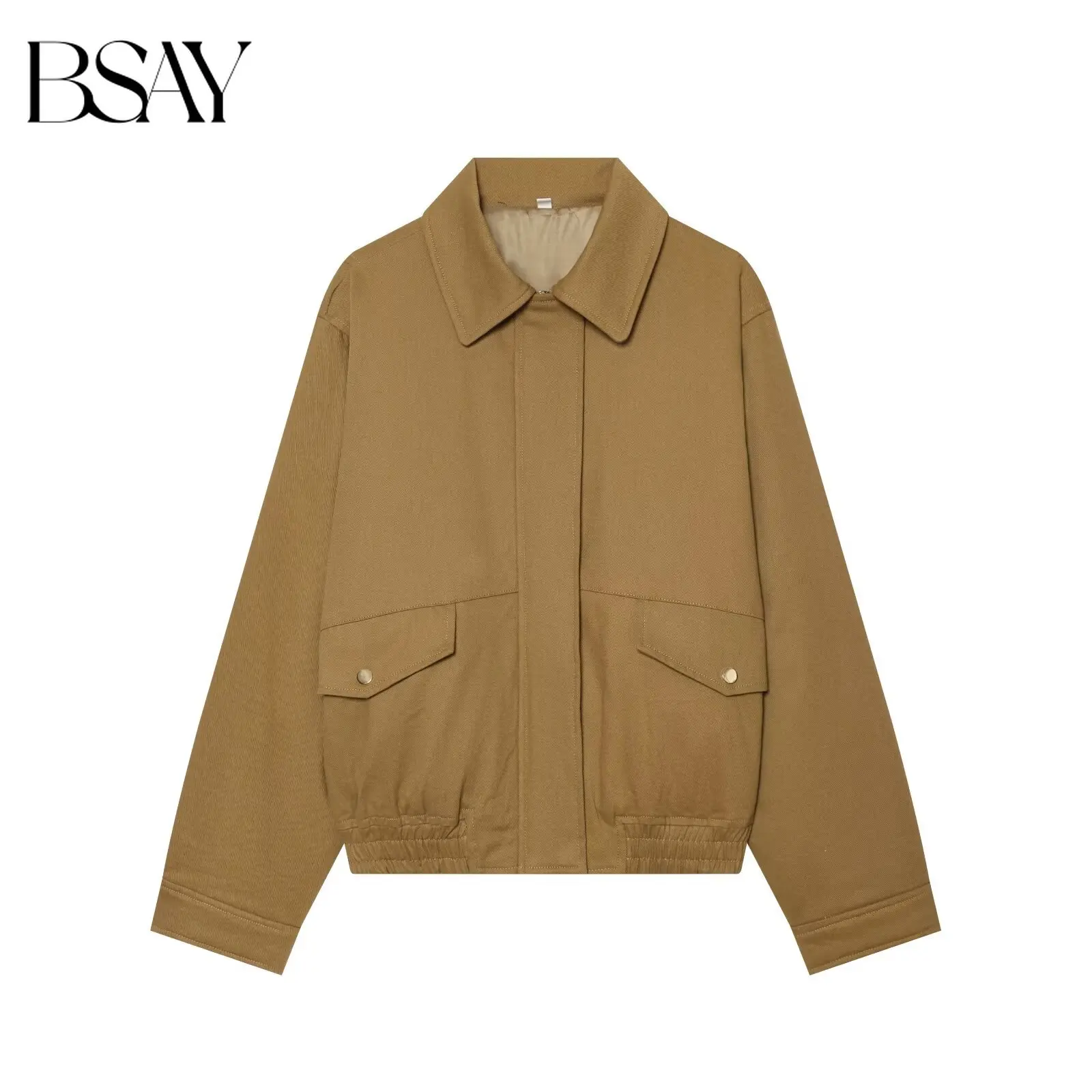 BSAY 2026 New Women Lapel Collar Quilted Padded Jacket Snap Button Flap Pockets Elastic Hem Loose Long Sleeve Short Cotton Coat