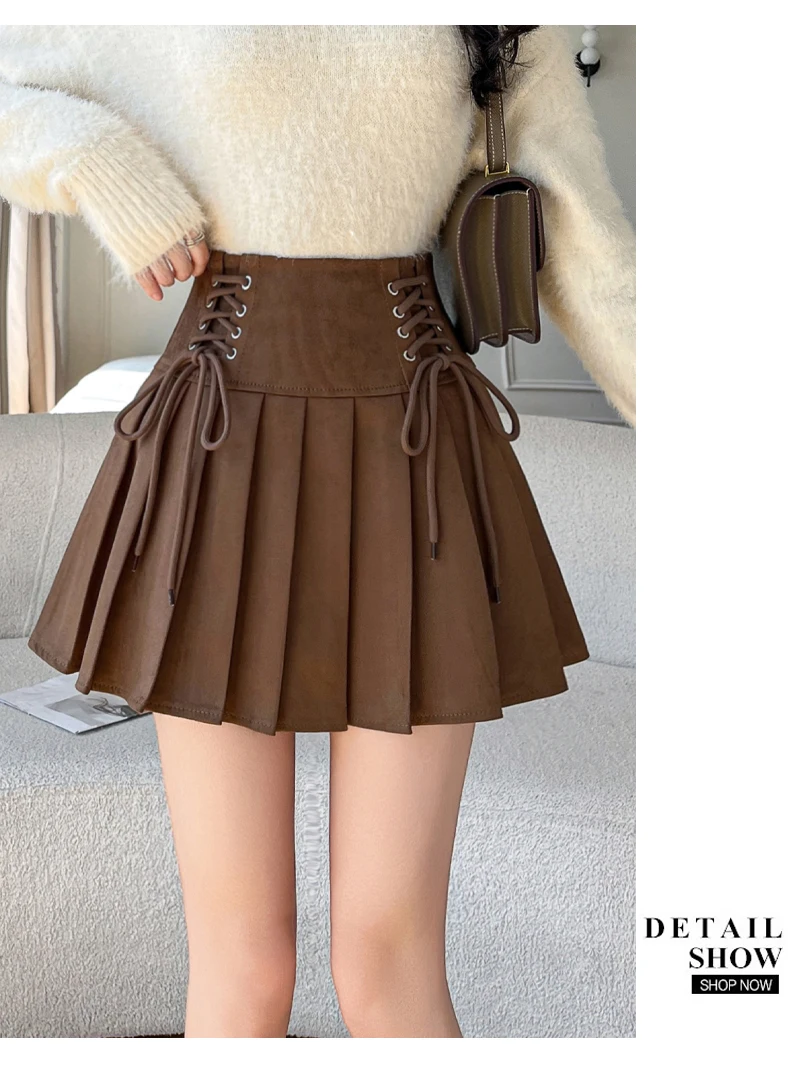 Women's 2025 New Collection Suede A-Line Skirts High Waisted Pleated Mini Flared Skirt for Autumn Winter, Casual Short Skirt