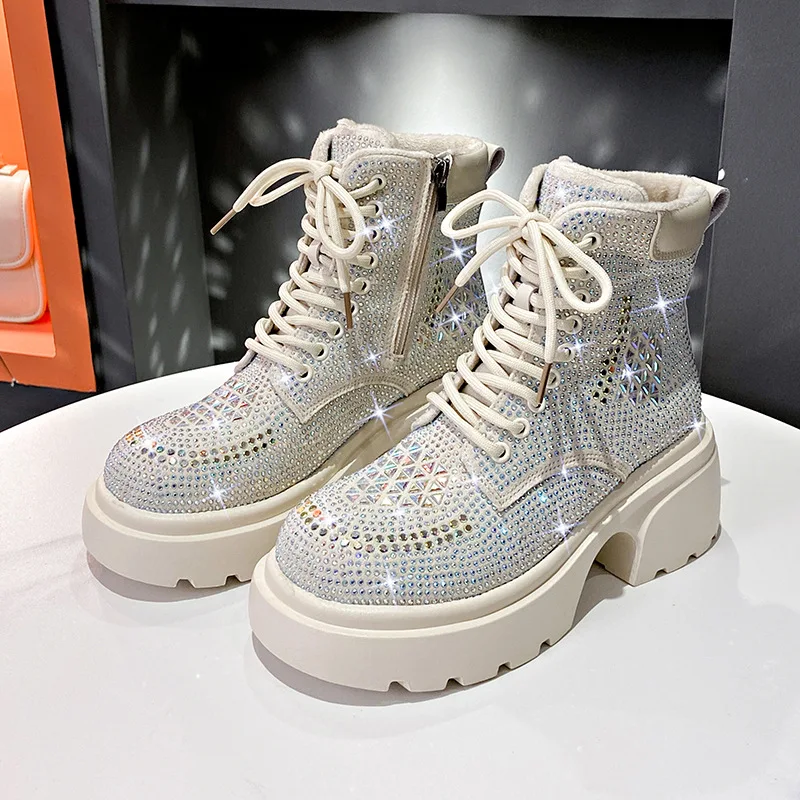 

Gorgeous Gypsy Rhinestone Locomotive Boots Retro Round Head Zipper Square Heel Height-Increasing Casual Outdoor Women's Boots