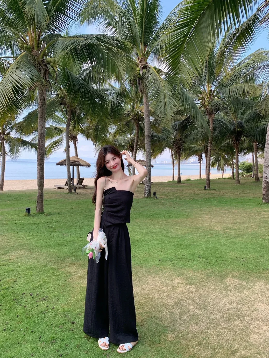 

Summer Hot Girl Sleeveless Tube Top Vest Women's Casual Wide Leg Pants Two-Piece Set High Waist Long Pants Polyester Fiber