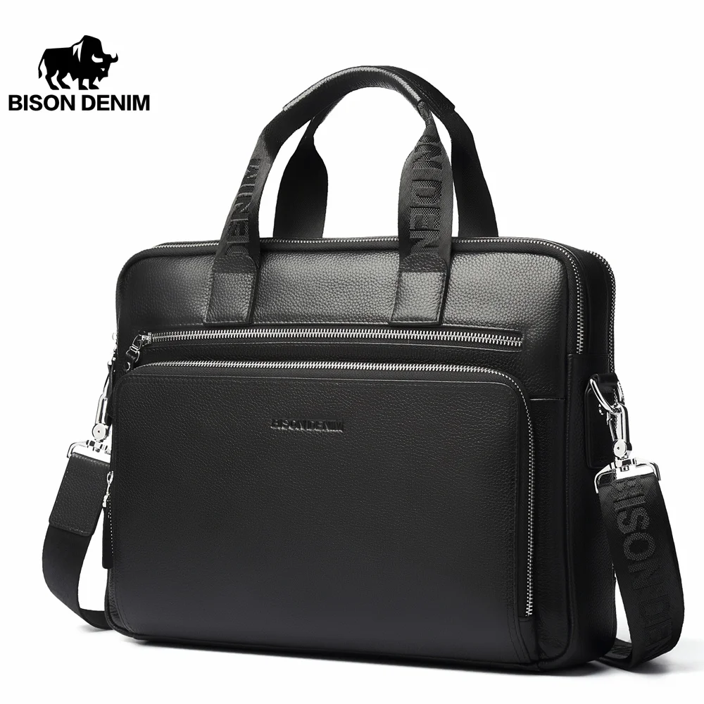 BISON DENIM Men Bag Genuine Leather Work Briefcases 14