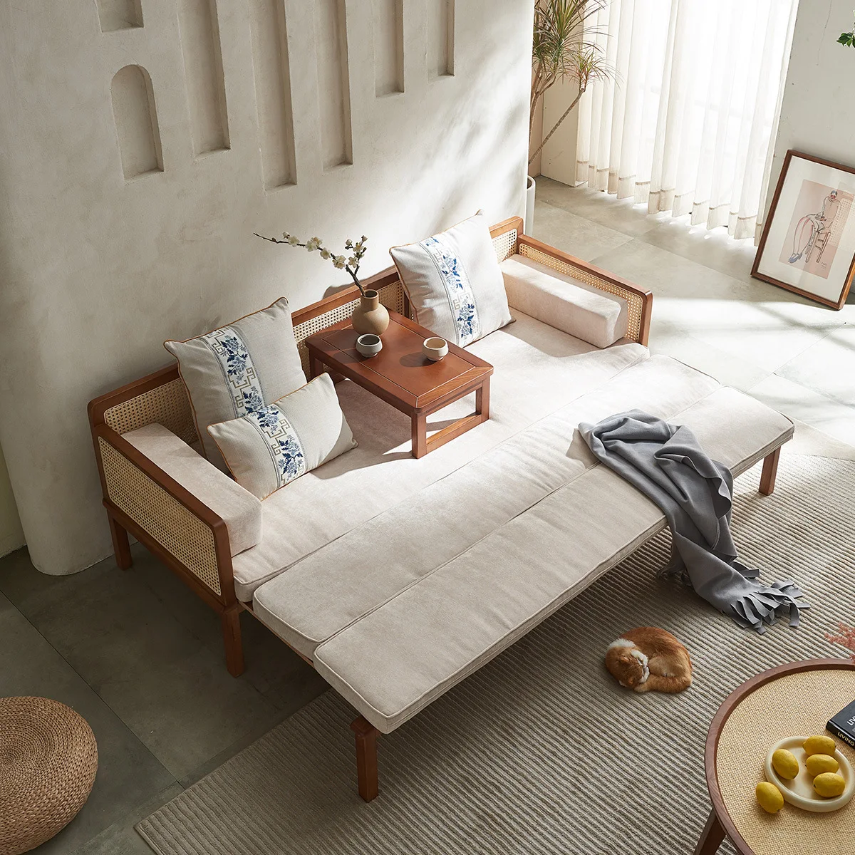 

Rattan sofa living room solid wood Arhat bed combination small apartment new Chinese ash wood pull-out retractable bed