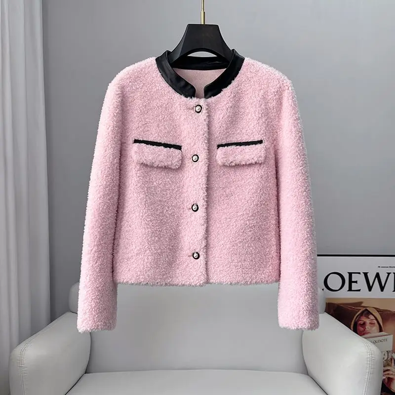 

Leather Natural Sheep Shearing Fur Coat Female Lamb Coat Round Collar Short Style for Women Thickend Warm Buttons Fur Coats F29