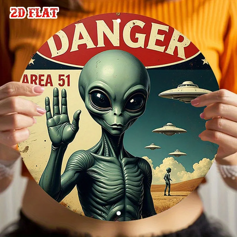 2D Flat - Round Sign Featuring Design of Alien Life, Ufos, And Outer Space, Ideal for Cosmic in Homes, Garages, Dining Areas