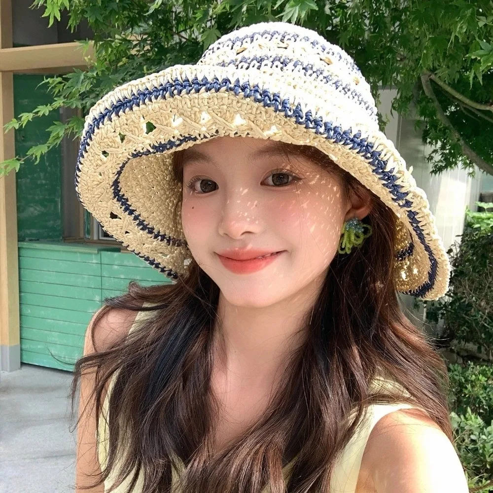 

Fashion Handmade Straw Bucket Cap Beach Vacation Weave Crochet Hat Hollow Summer Fisherman Caps Female