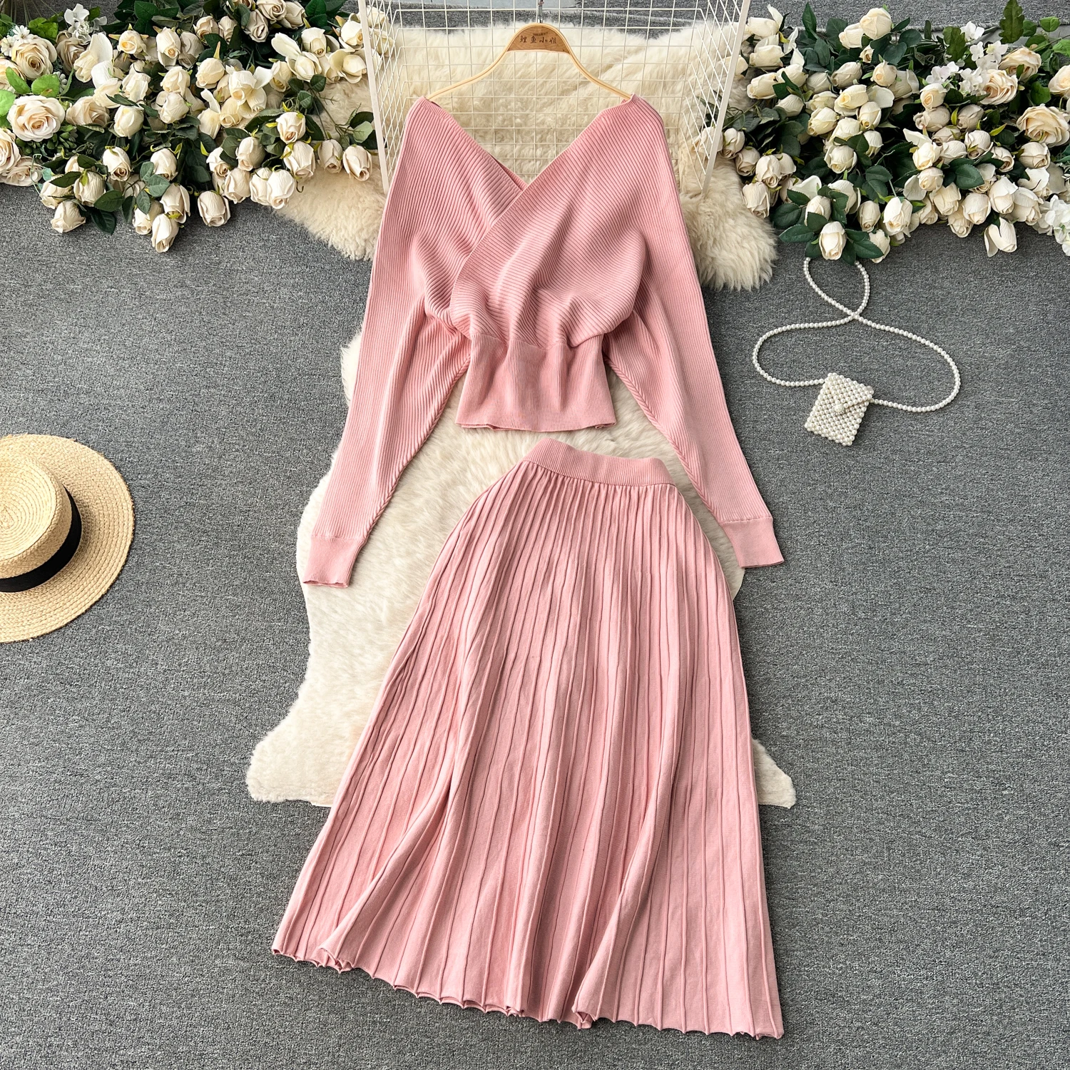 Women Vintage Fashion Knit Two Pieces Skirt Sets Women Slash Neck Long Sleeve Blouse with High Waist A-line Full Skirt